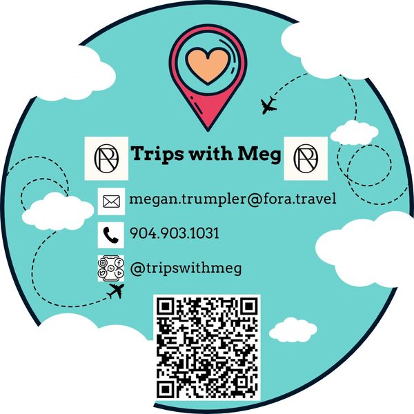 Travel-themed contact info for Trips with Meg with email, phone, social handle, and QR code.