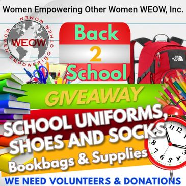 Flyer for school giveaway of uniforms, shoes, and supplies needing volunteers and donations.
