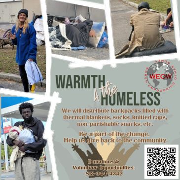 Flyer promoting a warmth drive for the homeless with donations and volunteer information.