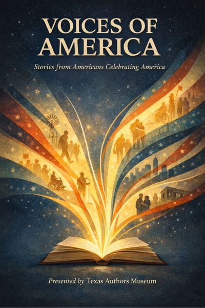 Open book with patriotic American stories illustrated as colorful beams.