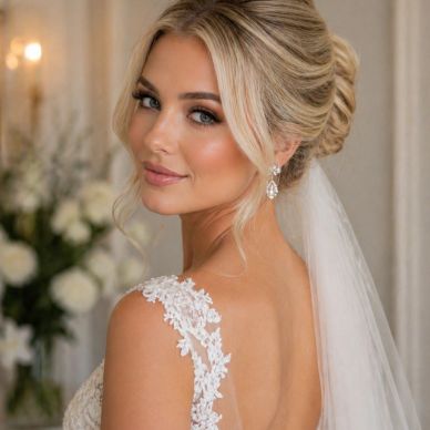 Elegant bride in a lace wedding dress with a soft smile and veil.