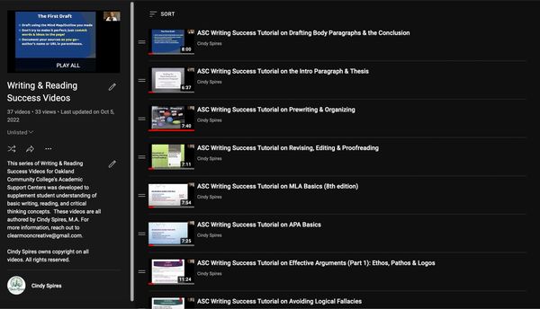 Screenshot of a YouTube Playlist for Cindy Spires Malerba's writing and reading success video series