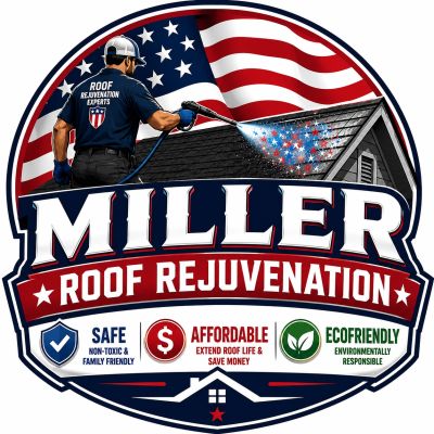 Miller Roof Rejuvenation logo with a worker and American flag background.