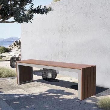 Minimalist outdoor wooden bench with metal frame against a white wall. bancas de acero inoxidable
papeleras
paradas