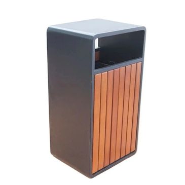 A modern rectangular trash bin with wood paneling and a black frame.bancas de acero inoxidable
papeleras
paradas