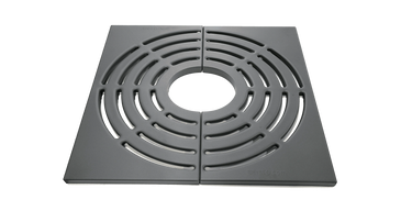 Square black metal grate with circular cutouts and a central hole. bancas de acero inoxidable
papeleras
paradas