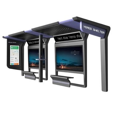 Modern bus shelter with digital screens and seating. bancas de acero inoxidable
papeleras
paradas