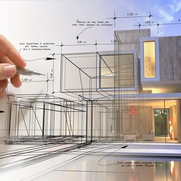 Hand sketching a modern architectural house design with measurements and 3D visualization.