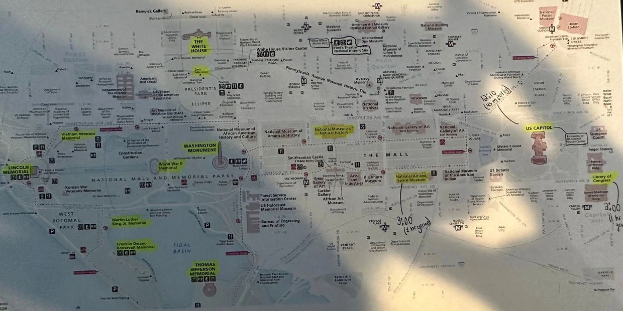 Map of National Mall in DC and main attractions