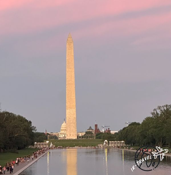 Washington Monument during sunset - featuring reflecting pond, Capitol Building and WW2 Memorial