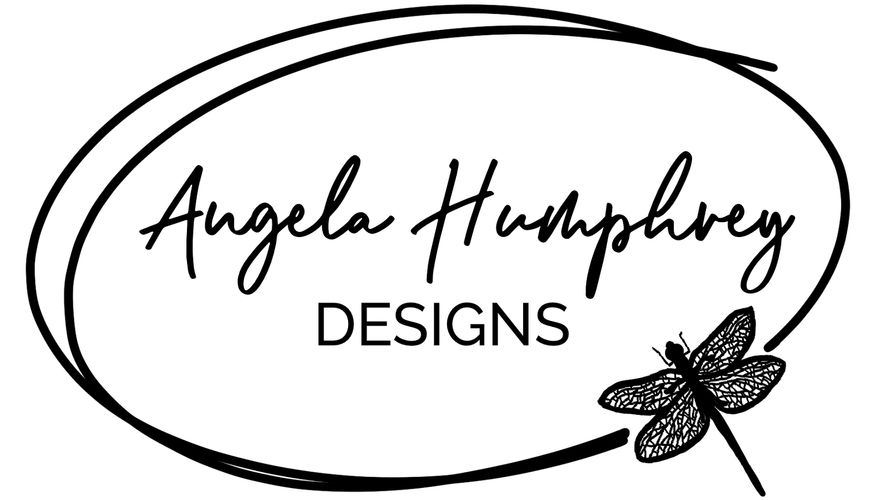 Angela Humphrey Designs handwritten signature, sitting in a hand drawn oval, with dragonfly on edge.