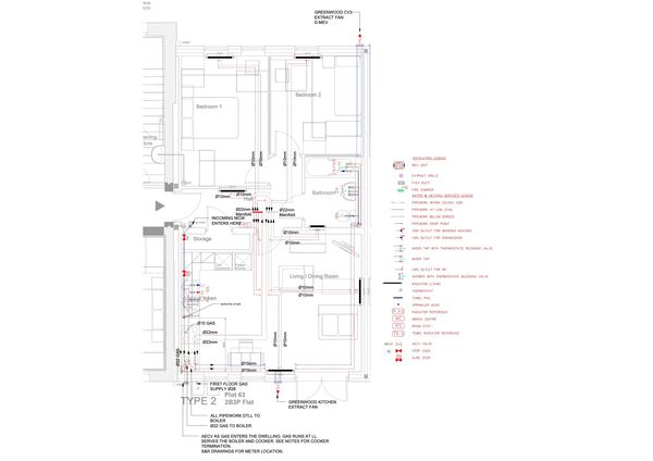 Mechanical building services, ventilation, heating and domestic water.