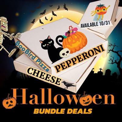 Halloween-themed pizza bundle deals with spooky decorations.