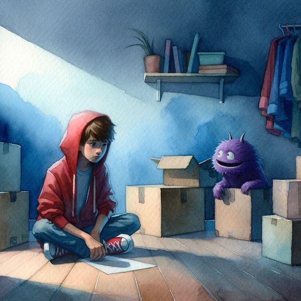 a child filled with anxiety surrounded by boxes ina room with a purple monster