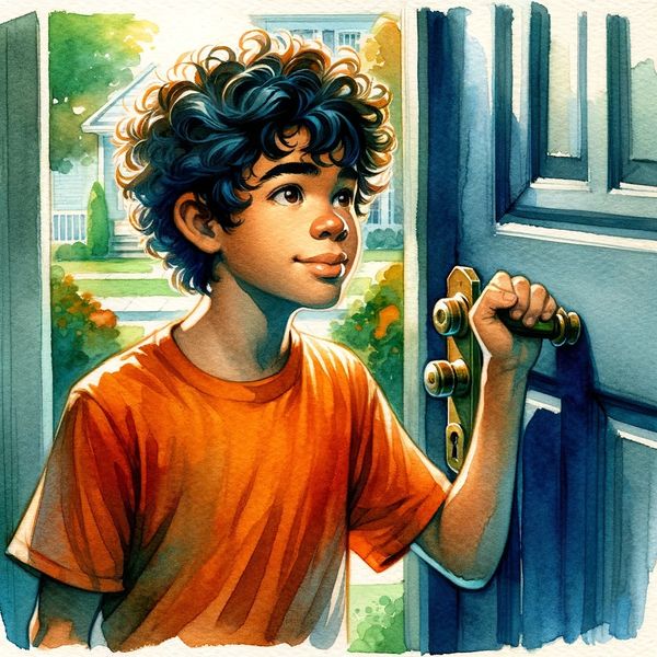 A child knocking on the front door of a house