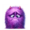 A sad looking purple monster with horns looking down