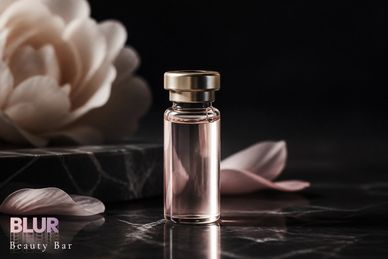 Elegant perfume bottle with petals and flower on marble surface.