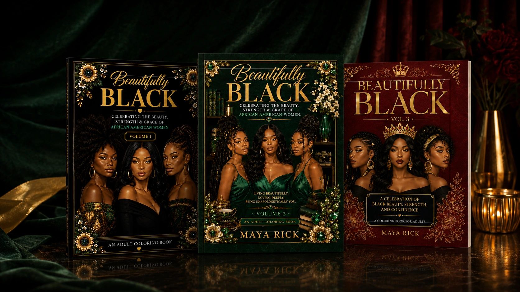 Covers of the 'Beautifully Black' adult coloring book series by Maya Rick.
