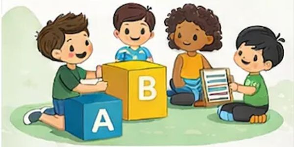 Children playing with alphabet blocks and learning tools outdoors.