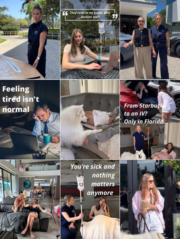 Branded Instagram visuals for Florida-based mobile IV therapy company, highlighting energy recovery