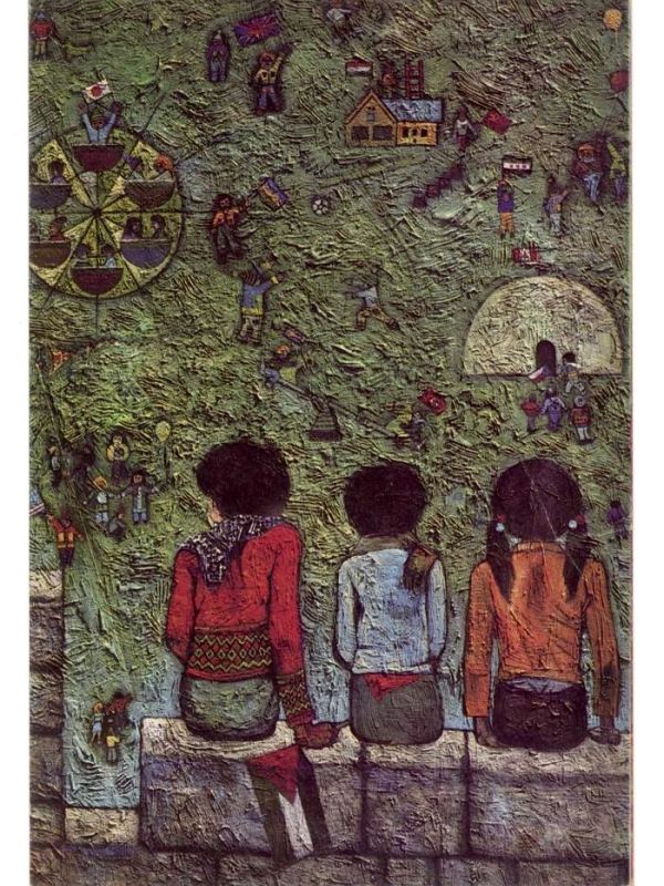 Three children sitting and observing a textured mural.