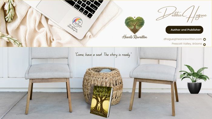 Two chairs with a book titled 'Roots Rewritten' between them and author contact info above.
