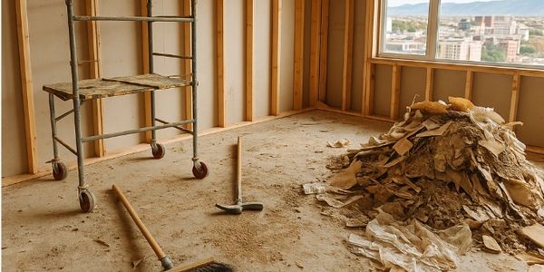 Dusty and cluttered post-construction site interior with debris on the floor and unfinished walls.