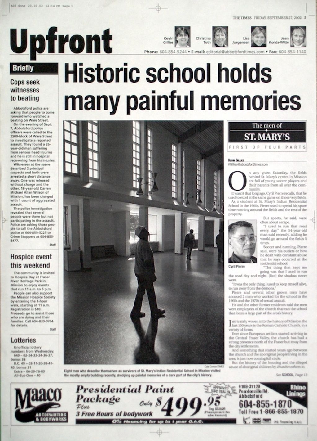 Kevin Gillies Abbotsford Times St. Mary's Residential School article