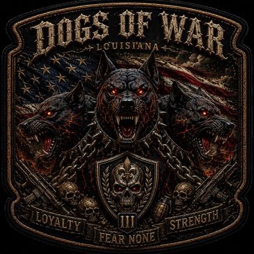 Three-headed fierce dog emblem with skulls and American flag.