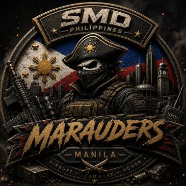 Logo of Marauders Manila airsoft team with soldier and guns.