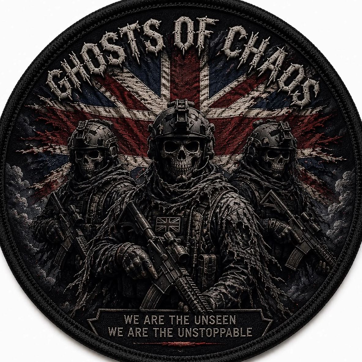 Patch with 'Ghosts of Chaos' and soldiers with skull masks.