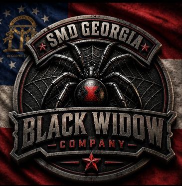 Black Widow Company emblem with a spider and web background.