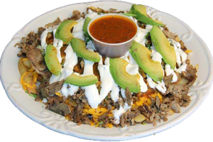 Asada fries topped with beans, cheese, meat, onions, cilantro, hot sausage, avocado, and sour cream.