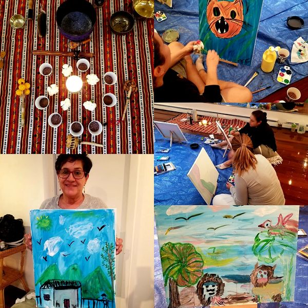 A collage of people painting and displaying colorful artworks in a cozy setting.
