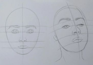 Two pencil sketches of a human face with construction lines.