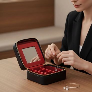 Woman organizing jewelry in the Esther black and red jewelry box on a wooden table.