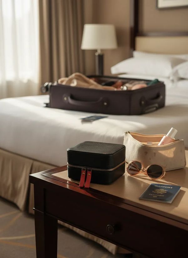 Travel essentials including passports, sunglasses, and bags on a hotel room table and bed. Esther Jewelry Box being font and center.