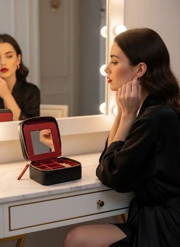 Woman in black robe adjusting earrings at a vanity mirror with Esther Jewelry Box, getting ready for the night out.