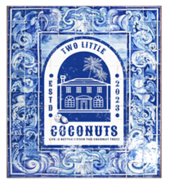 Blue and white tile design with a house, palm tree, and text about coconuts.