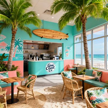 Bright tropical-themed cafe with beach views and palm trees indoors.