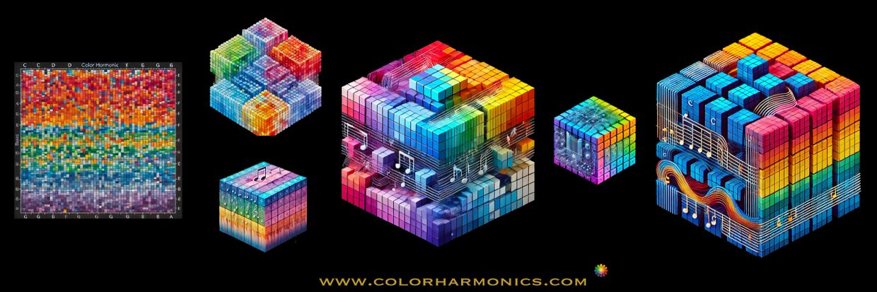 Colorful 3D cubes with musical notes illustrating color harmonics.
