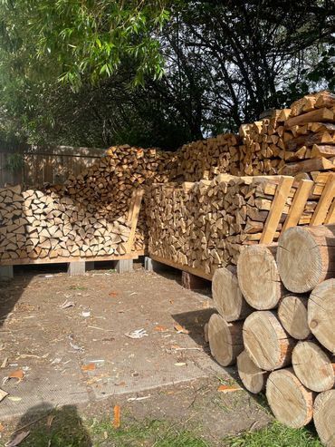 Neatly stacked firewood logs in an outdoor yard under trees.