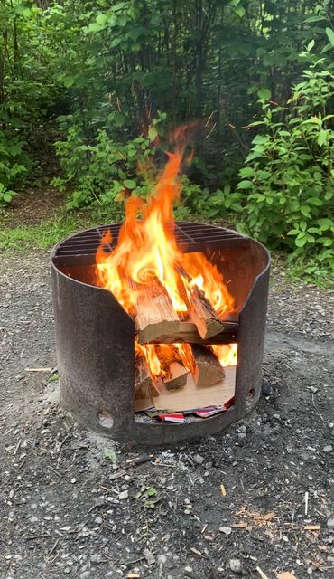 A campfire burns brightly in a metal fire ring surrounded by greenery.