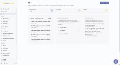 FlowWeaver AI workspace with saved conversations, the selected model provider and the agents and bui
