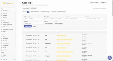 FlowWeaver audit log listing every run and change, filtered by date, user and action