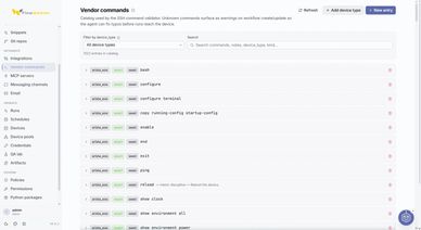 FlowWeaver vendor command catalog, where administrators define which CLI commands each vendor and ro