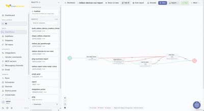 FlowWeaver workflow canvas for netbox-devices-csv-report, with each step and its success and failure