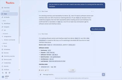 Nashira conversation: the operator asks about Node L1; Nashira states its plan, waits for approval,