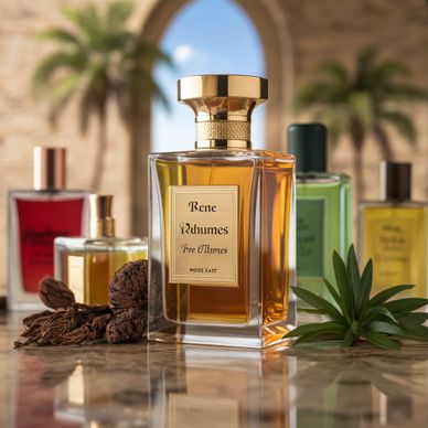 Luxurious perfume bottles displayed on a marble surface with natural elements and a blurred tropical background.