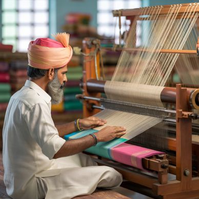 Traditional Indian man weaving fabric on a handloom.